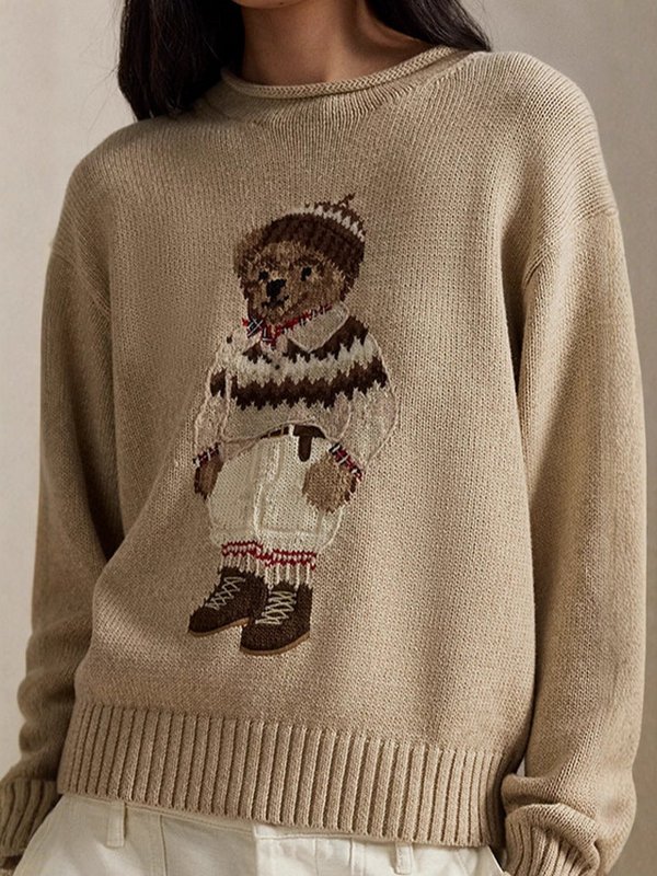 Women's teddy bear embroidery retro slim fit sweater American college style knitted sweater top