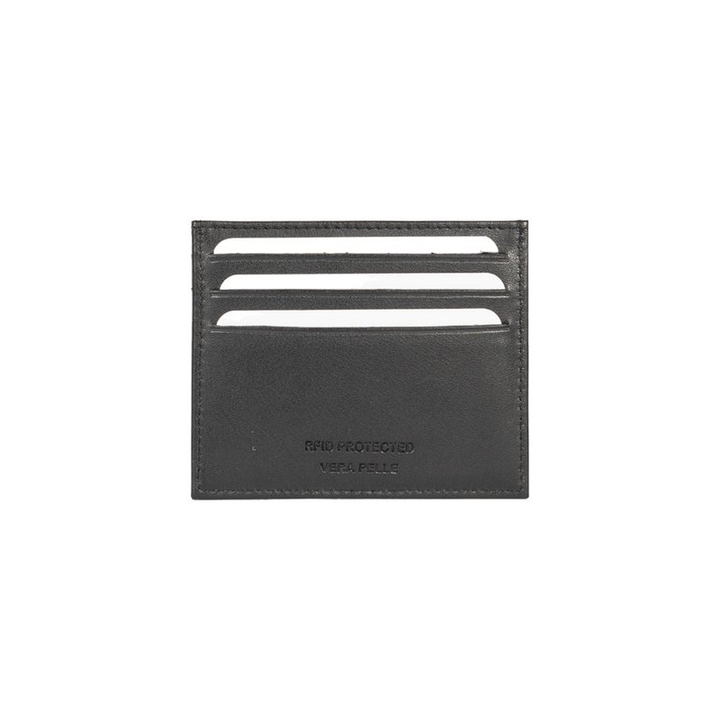 RB12016A | Credit Card Holder in Genuine Full Grain Leather, with light grain. Black colour. RFID protection. Dimensions: 10 x 8 x 0.5 cm. Packaging: Bottom/lid gift box