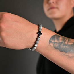 "Jamie" accent stainless steel ball bracelet, natural stone, gray, anthracite (agate)