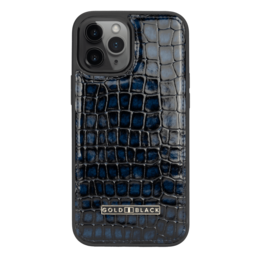 Leather smartphone case in navy blue crocodile print pattern, designed for iPhone 12 Pro Max.