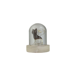 Memorial ash filling set with a cat figurine in a glass dome. The cat statue is brown in color.