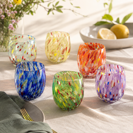 6 Big Colombina Water Big Colombine vetgedrukt en hand -gehandeld met Murrine di Murano, "I Colori di Murano" 435 ml lijn. Gemaakt in Italië
