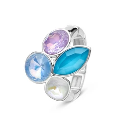  Oval-shaped statement ring with blue, purple, and white gemstones in a silver-tone setting.