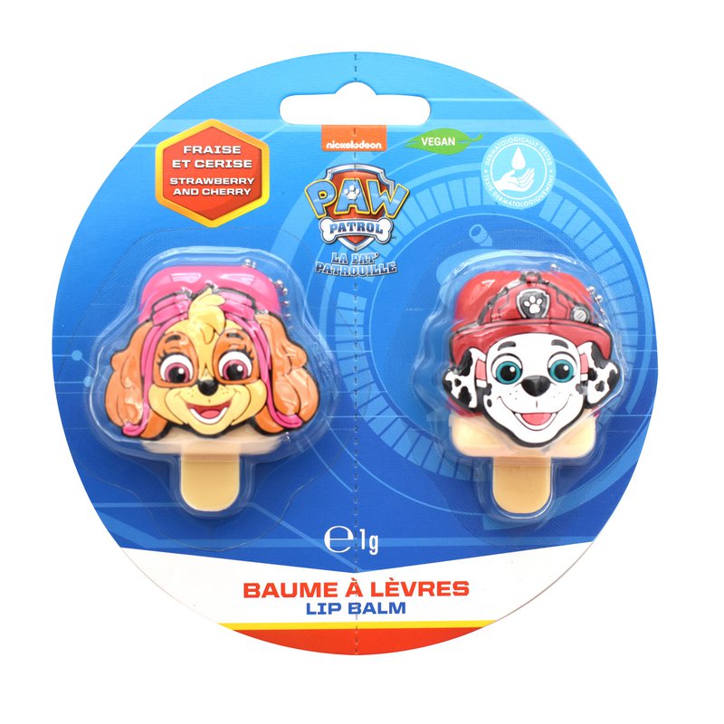 Paw Patrol, Set mit 2 Lippenbalsamen, Lippenpflege, parfümiert, Geschmacksrichtungen, Kirsche, Erdbeere, Feuchtigkeitsversorgung, Kinder, Vegan, 1 g, TAKE CARE