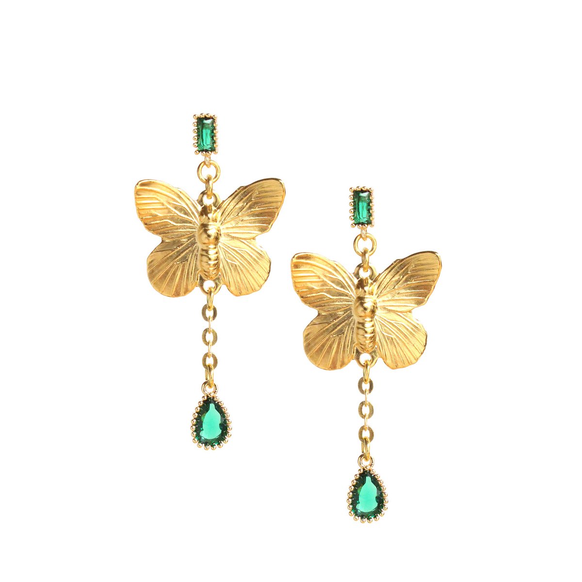 Pendientes de mariposa chapados en oro de 18 quilates con gota de esmeralda