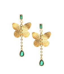Elegant gold butterfly earrings with emerald green accents, featuring a butterfly design and teardrop-shaped gems.