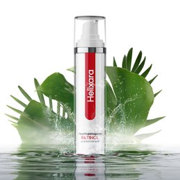Moisturizing gel with retinol for skin care. Transparent glass bottle with red label.