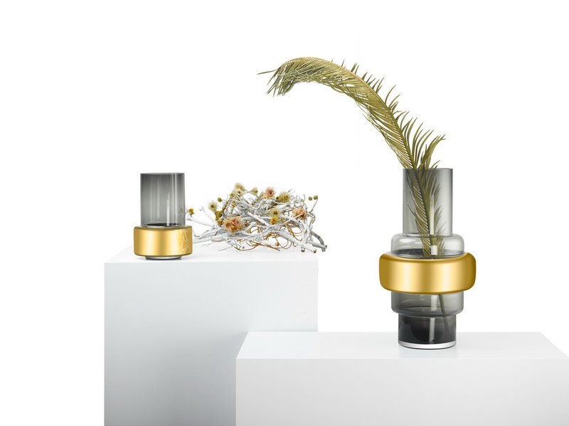 Vidrio de estilo retro de lujo, gris + jarrón de oro de 24k XXL, TYLER 46GO, vidrio de 9 mm de espesor