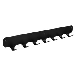 Black metal wall-mounted coat rack with 7 hooks for hanging coats, jackets, and other items.