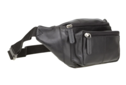 Black leather shoulder bag with multiple zippered compartments.