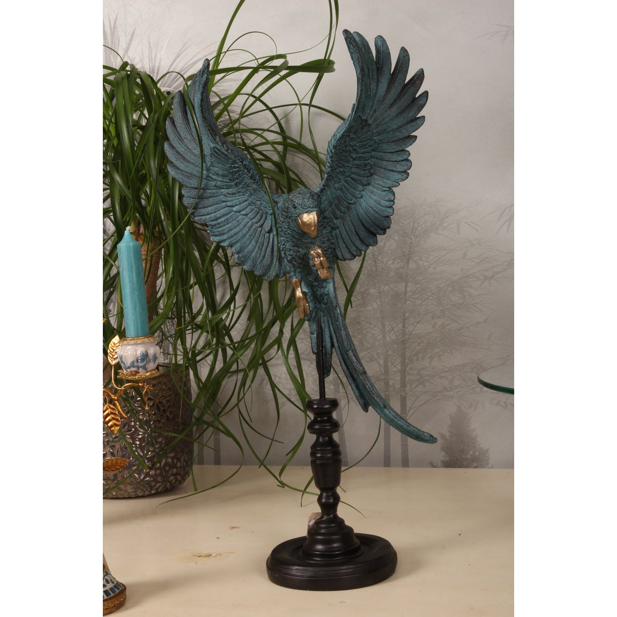 Parrot Figurine on Stand 52.5 cm - Blue - resin
