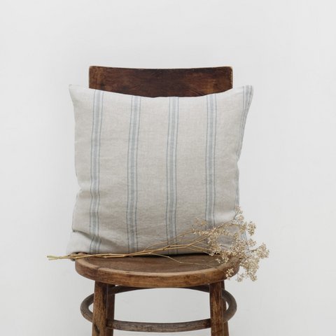 Grey Blue Wide Stripe Rustic Linen Cushion Cover