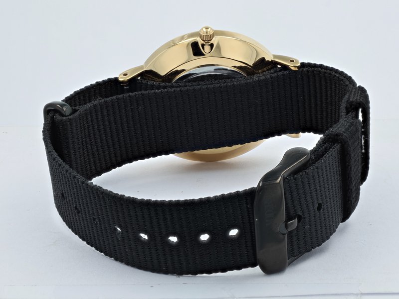 Moderno Milano stainless steel women's watch 36.5 mm, sapphire crystal & nylon NATO strap (black), gold-colored