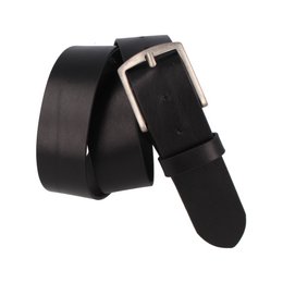 A black leather belt with a silver-toned buckle. The belt is designed for men and can be adjusted to fit waist sizes from 80 to 115 cm.