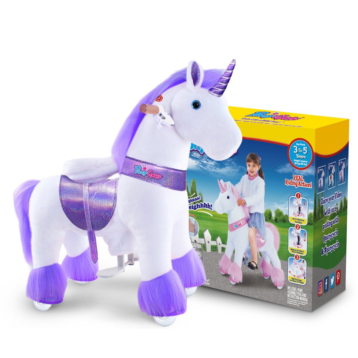 Ponycycle Ride on Toy Purple Unicorn | Edad 3-4 | Juguete de montar animal de lujoso | Clásico u mejores regalos