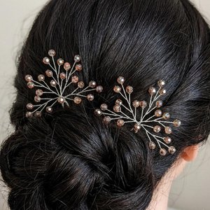 Copper champagne crystal hair pins for bridal hairstyles