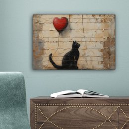 Canvas schilderij - Wanddecoratie Kat - Graffiti - Ballon - Street art - Abstract - Muurdecoratie woonkamer - Kamer decoratie modern - Abstracte schilderijen