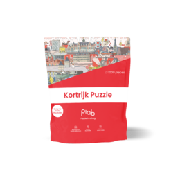 "Kortrijk city puzzle featuring colorful illustrated landmarks, buildings, and local scenes. Red packaging design."