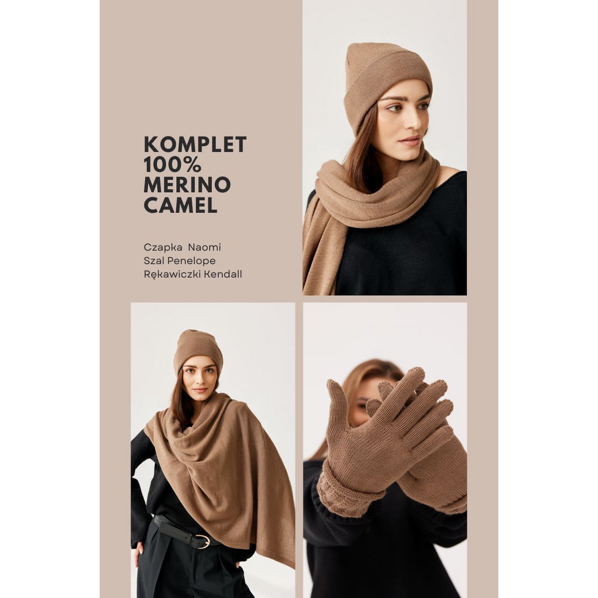 3-delige set (muts + sjaal + handschoenen) 100% merinowol CAMEL