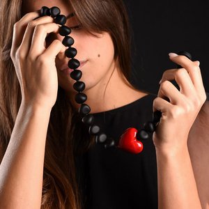 Murano glass necklace. "Heart and Contrast" 38mm Polished Red Heart, and 25 Satin Black Pearls, Length 53 cm. Made in Murano