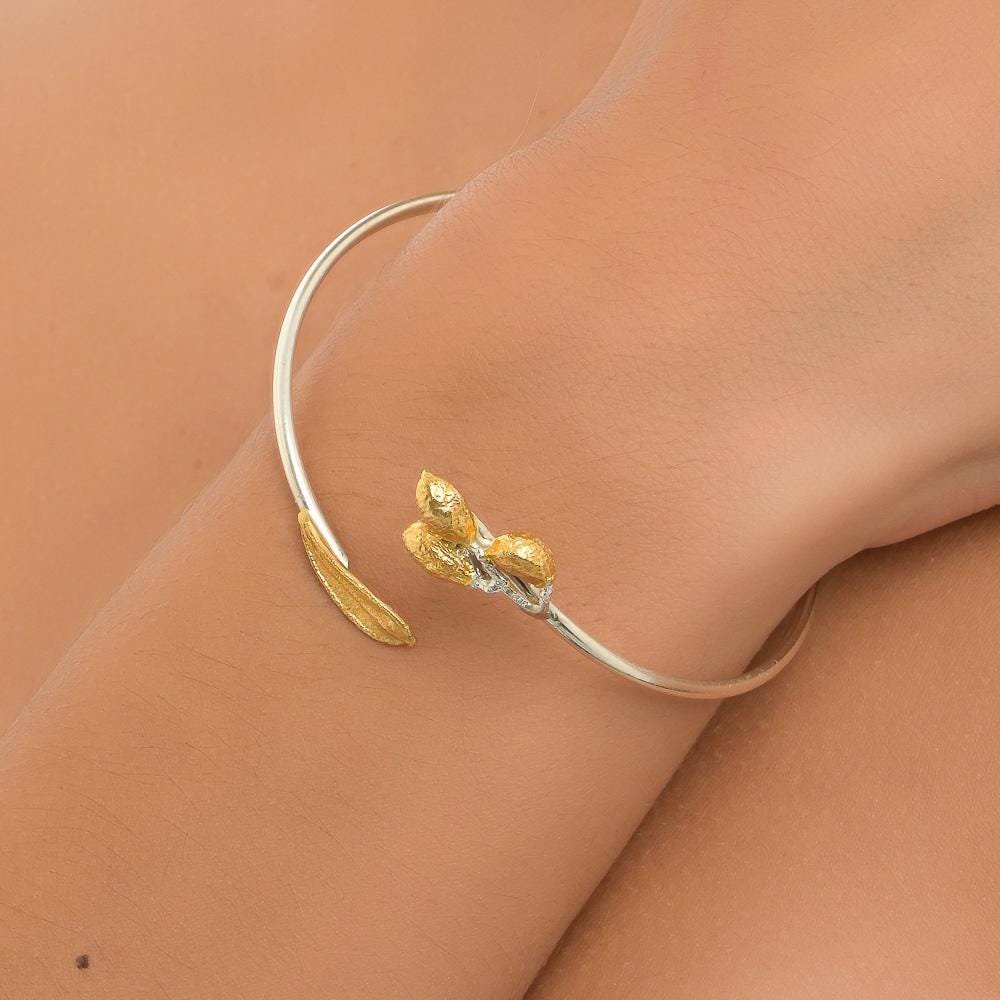 Eco-vriendelijke olijfbladarmband - gerecycleerd zilver met gouden accent
