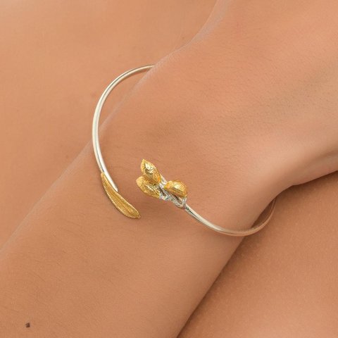 Eco-vriendelijke olijfbladarmband - gerecycleerd zilver met gouden accent