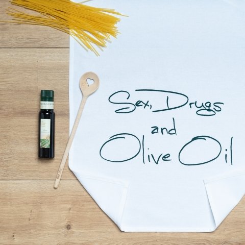 Tea towel white, SEX, DRUGS AND OLIVE OIL, green