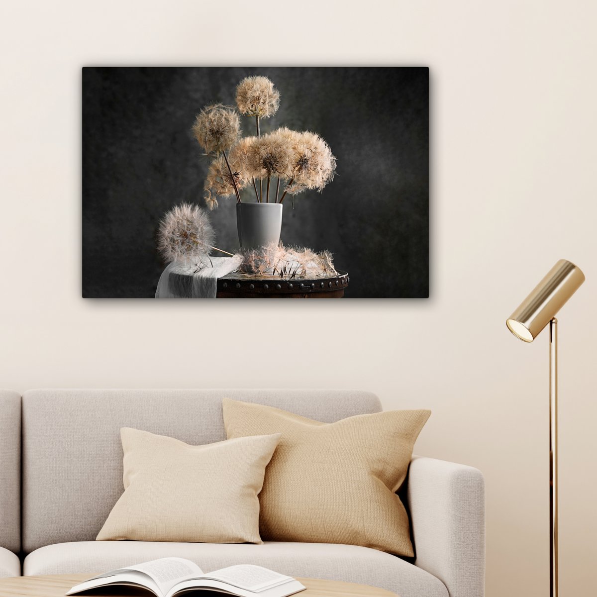 Leinwand Malerei - Wanddekoration - Blumensamen - Löwenzahn - Vase - Stillleben - Bouquet