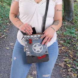 Sunsa women's small sustainable shoulder bag. Vegan shoulder bag made from recycled jeans & canvas. Handbag vintage retro style. Crossbody bag for women.