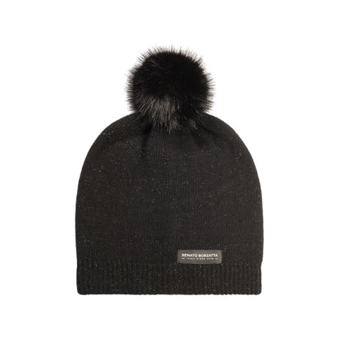 RB5006A | SAINT MORITZ – Doppellagige Stockinette-Strickmütze für Damen mit Pompon, hergestellt in Italien. Schwarze Farbe