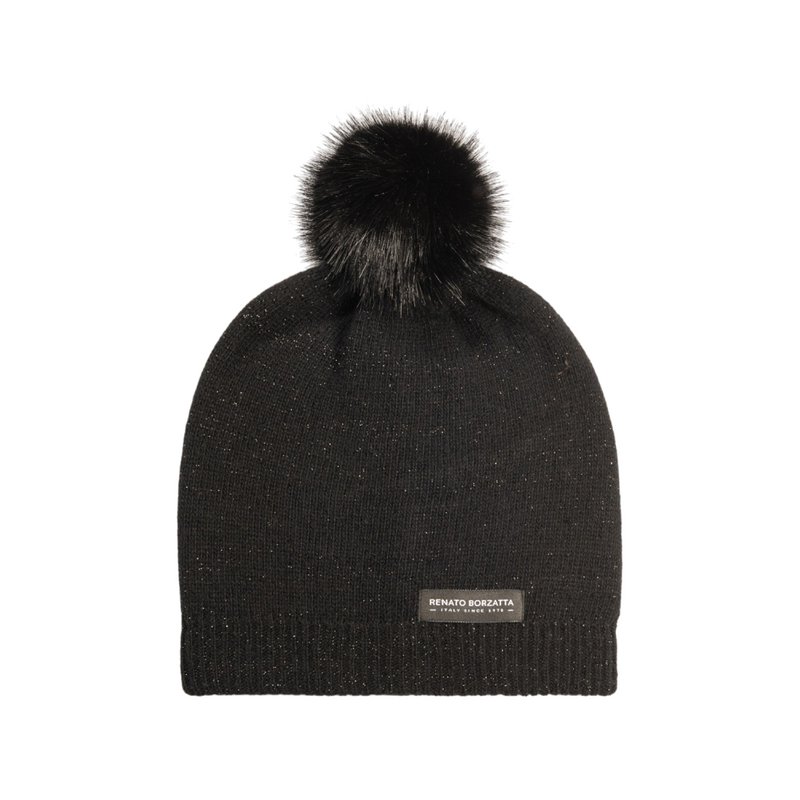 RB5006A | SAINT MORITZ – Doppellagige Stockinette-Strickmütze für Damen mit Pompon, hergestellt in Italien. Schwarze Farbe