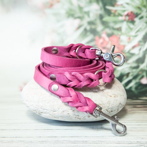 Leather dog leash | Pink | Leather leash | Length 180 cm | 2-way adjustable | Handcrafted