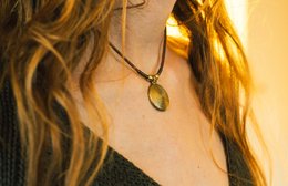 Brass and leather necklace with large spiral charm, available in 3 sizes: S (14"-16"), M (18"-20"), L (23"-25"). Handmade jewelry with natural stone pendant.