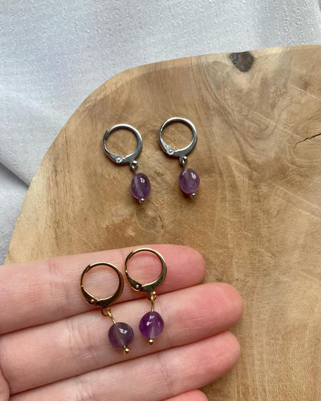 Natural Stone Earrings Stainless Steel gold/silver 'Amethyst'