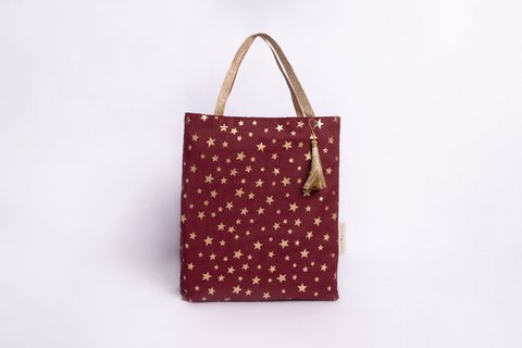 Stoff Geschenktüten Tote Style - Weihnachtskollektion - Burgundy Gold Stars