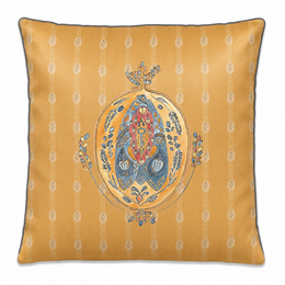 Gold damask cushion cover with ornate floral medallion embroidery, decorative square pillow.