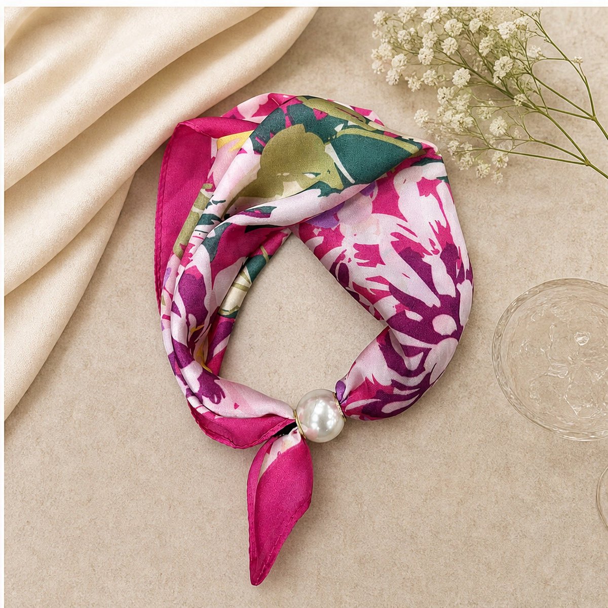 HS Pearl Scarf Satin Print Flowers - Multiple Prints