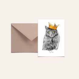 Whimsical postcard featuring a cat wearing a crown, perfect for sending to loved ones. The image showcases the cat's regal and playful expression, captured in a charming black and white sketch style with a pop of color in the crown.
