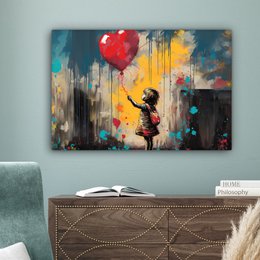 Canvas schilderij  - Wanddecoratie Meisje - Ballon - Hart - Graffiti - Muurdecoratie woonkamer - Slaapkamer decoratie - Kamer accessoires - Schilderijen op canvas