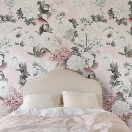 Dark floral botanical wallpaper with colorful flowers, leaves, and greenery. Includes a framed silhouette artwork.