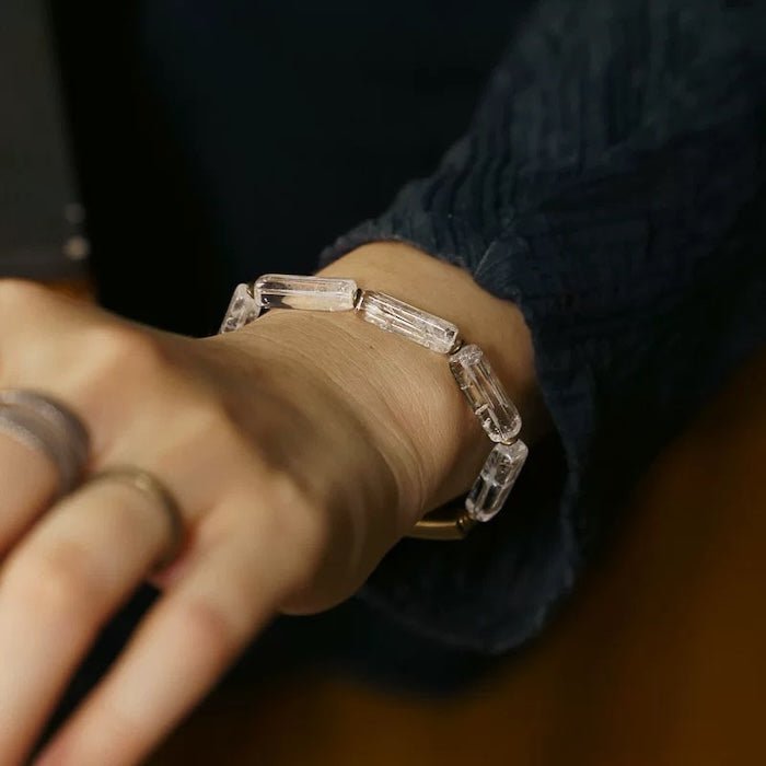 Clear Quartz Square Bar Bracelet with Bronze Charm