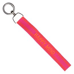 Beige woven keychain with pink "Bonjour" text, metal ring attachment, French-inspired bag charm accessory.