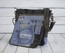 Sunsa Women's Sustainable Messenger Bag. Handbag made from recycled jeans & canvas (canvas). Courier shape shoulder bag. Vintage style shoulder bag. Large crossbody bag for women.