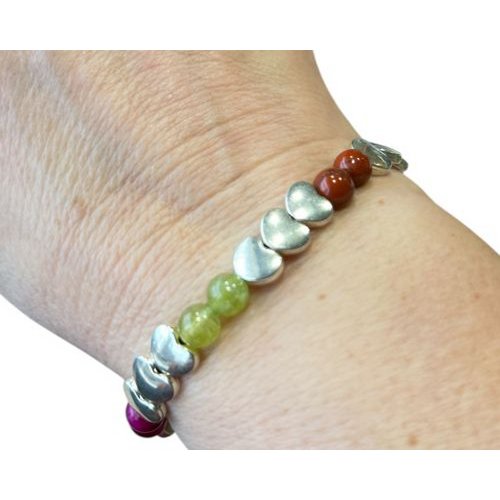 Women's bracelet with a mix of natural stones 6 mm and silver-colored hearts