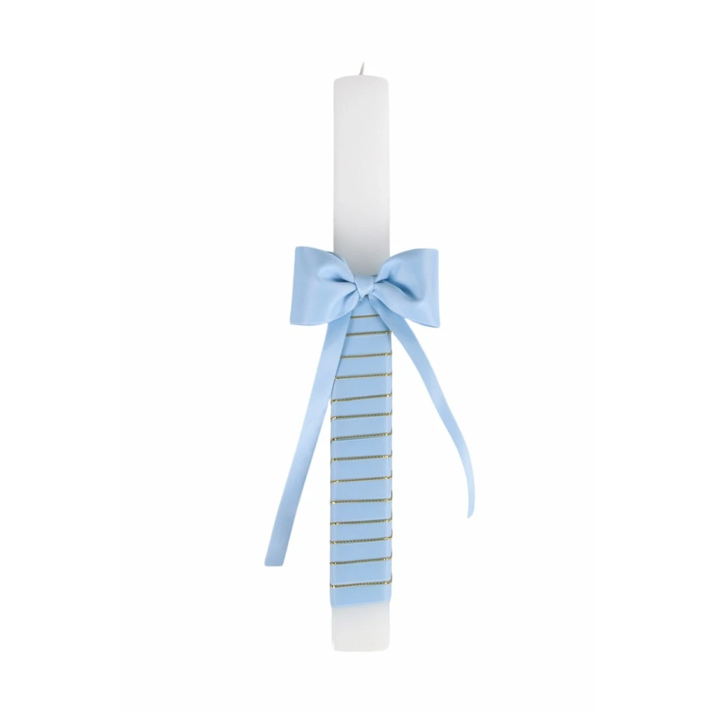 Candela da battesimo con strisce e fiocco blu