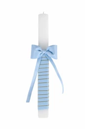 Bougie de baptême à rayures et nœud bleu
