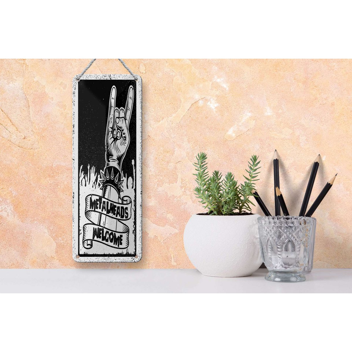Blechschild Spruch 27x10 cm Metalheads welcome Stachelarmband Deko Schild
