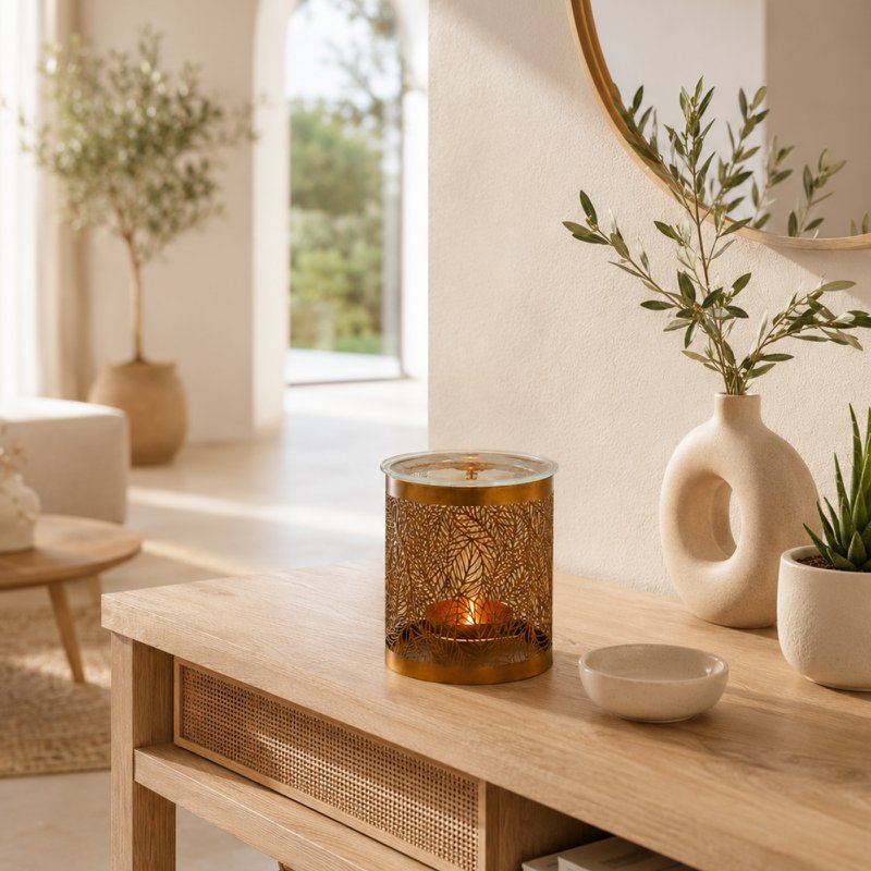 Bruciaprofumo Metally Leaves – Motivo Originale in Metallo Traforato e Vetro – Decorazione per Interni – Idea Regalo
