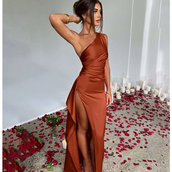 Sexy One-Shoulder-Kleid mit rückenfreiem Schlitz und Sommer, elegant, schmal geschnitten, einfarbig, Satin-Kleider für Damen