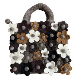  A grey wool felt handbag with colorful flower appliques, handmade in Nepal.